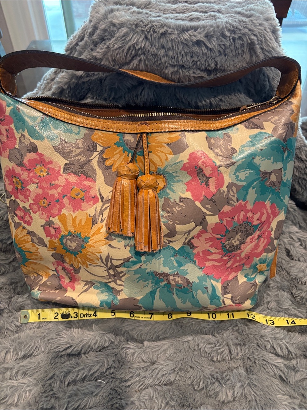 Patricia Nash Floral Multicolor Shoulder Bag with Tan Leather Trim - Picture 10 of 12